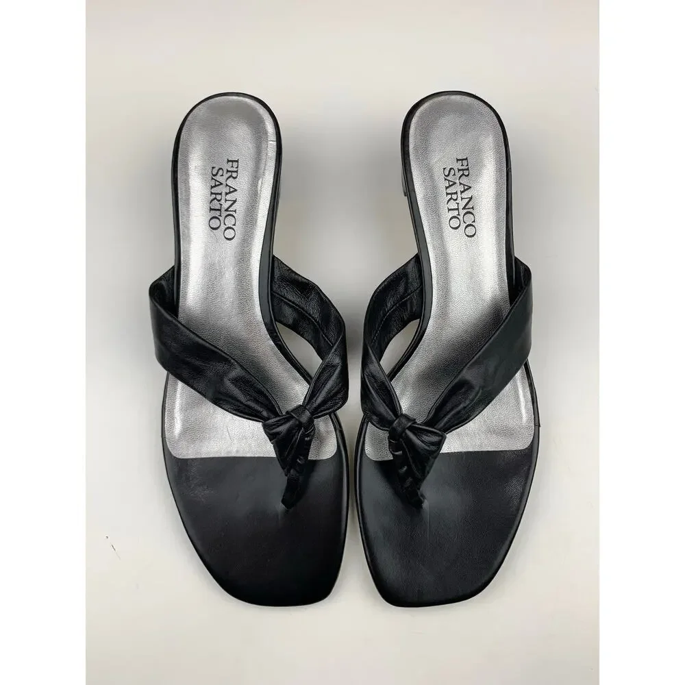 Franco Sarto Plush Sandals Slip On Black Leather Thong Heels Women's 8.5